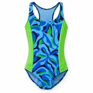 Spyder Blue Green Colorblock Abstrsct One Piece Swimsuit Girls Large 12 14